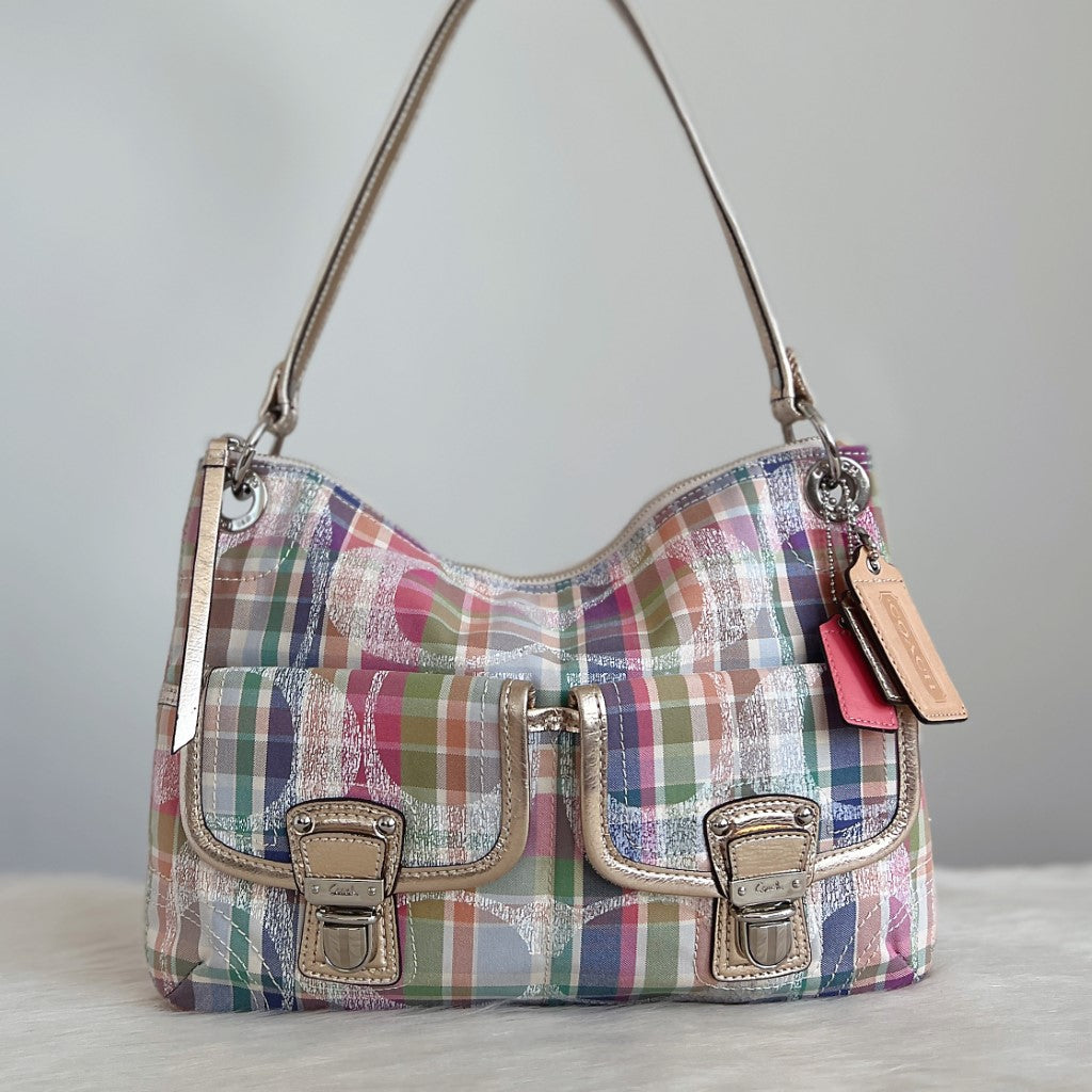 Coach Check Print Front Buckled Pocket Shoulder Bag Excellent