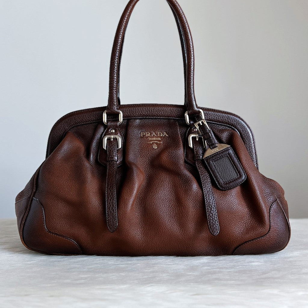 Prada Brown Leather Front Buckle Detail Shoulder Bag Excellent