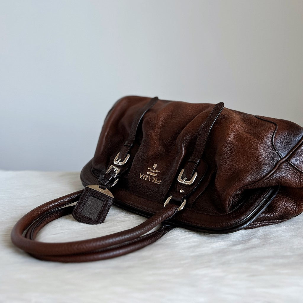 Prada Brown Leather Front Buckle Detail Shoulder Bag Excellent