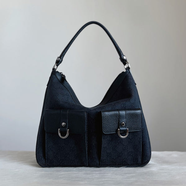 Gucci Black Leather Double G Monogram Slouchy Shoulder Bag Excellent