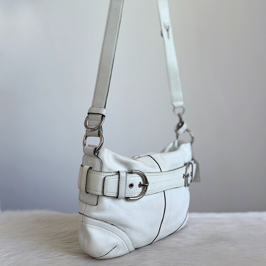 Coach White Leather Buckle Detail Messenger Crossbody Shoulder Bag