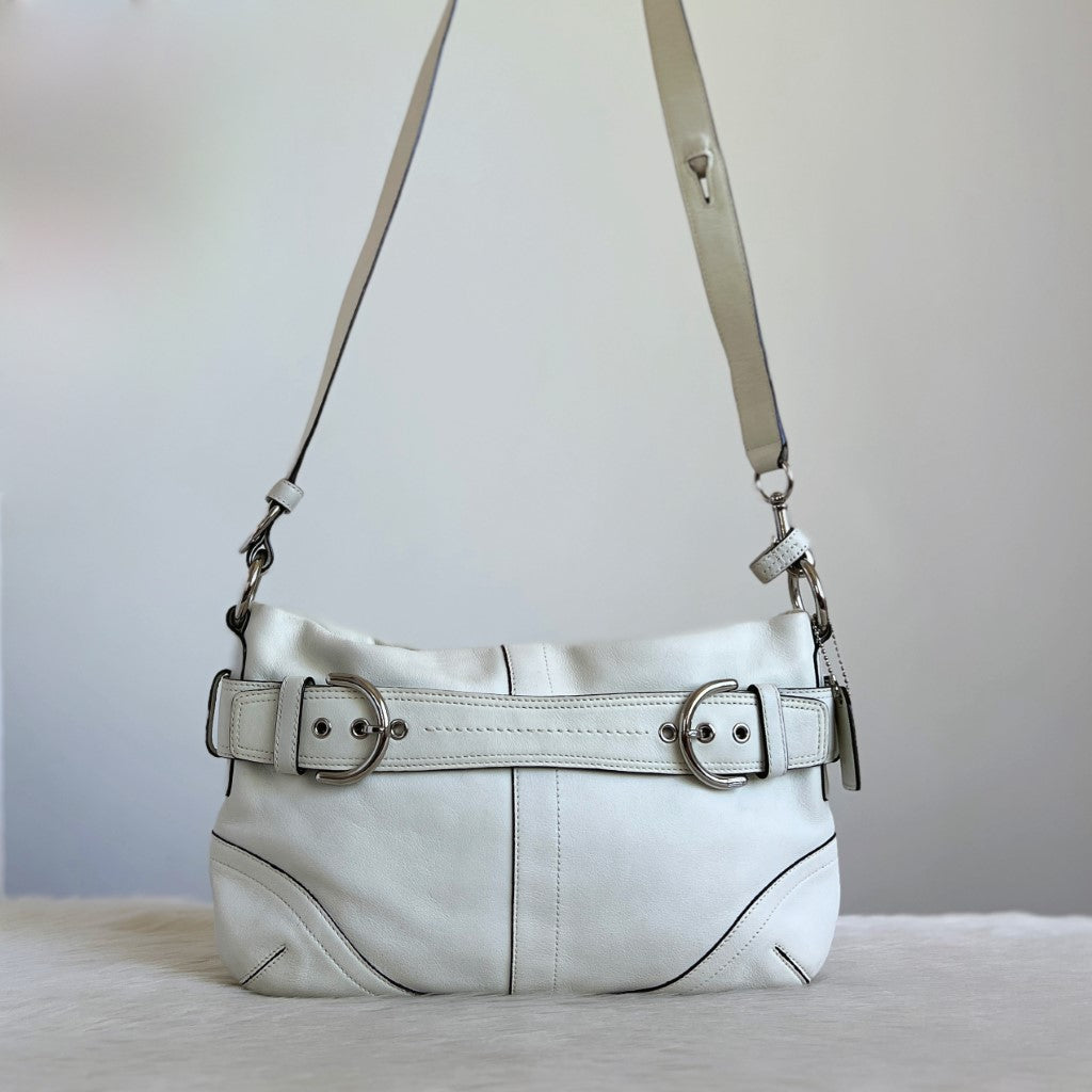 Coach White Leather Buckle Detail Messenger Crossbody Shoulder Bag