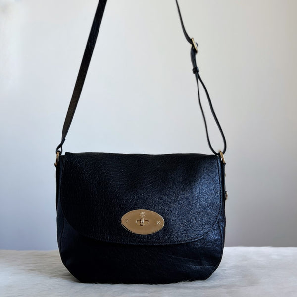 Mulberry Black Leather Signature Turn Lock Crossbody Shoulder Bag Excellent