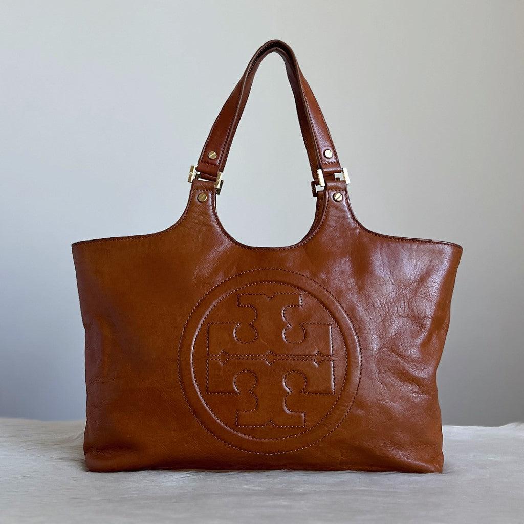 Tory Burch Caramel Leather Embossed Logo Large Shoulder Bag