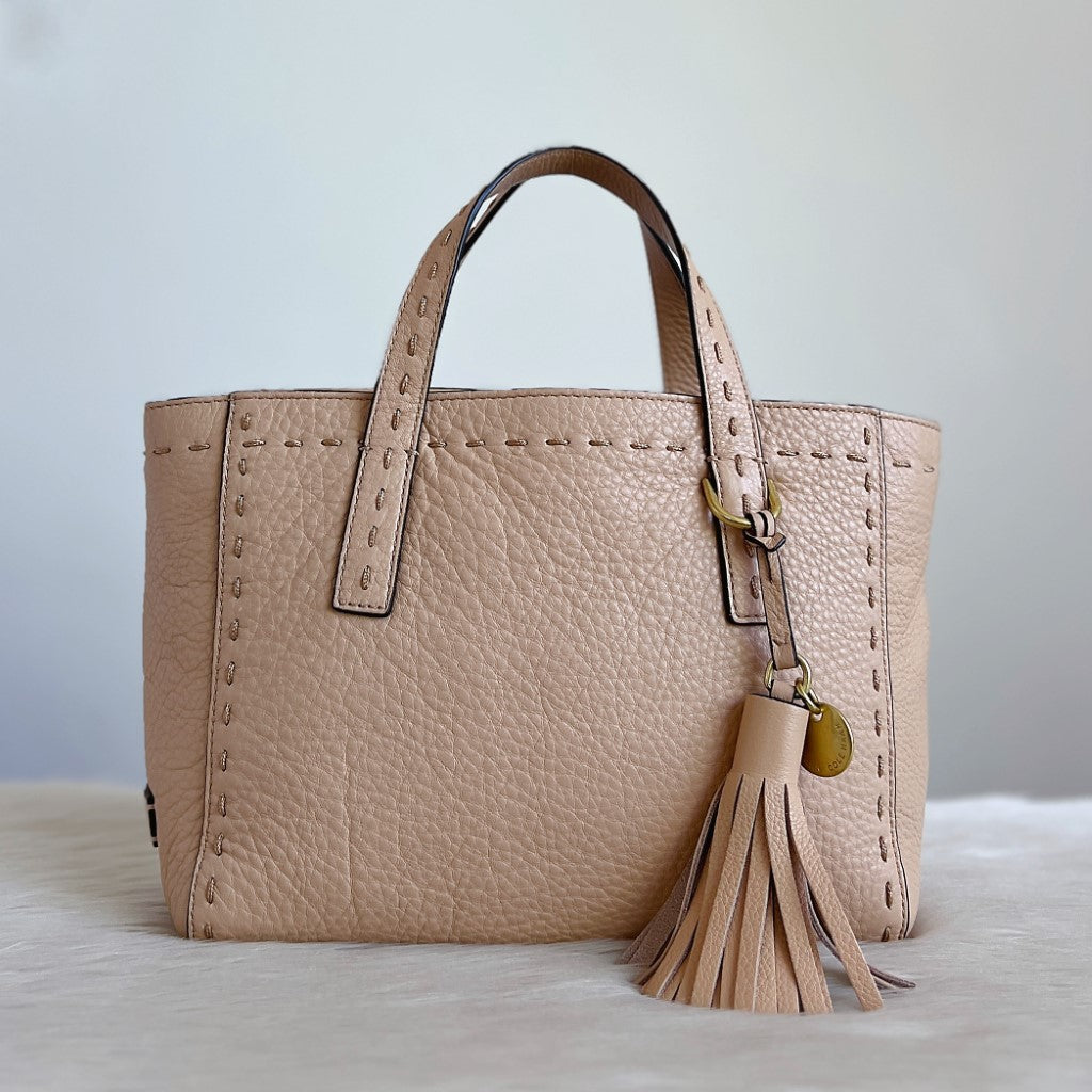 Cole Haan Beige Leather Tassel Charm Detail Tote Bag Excellent