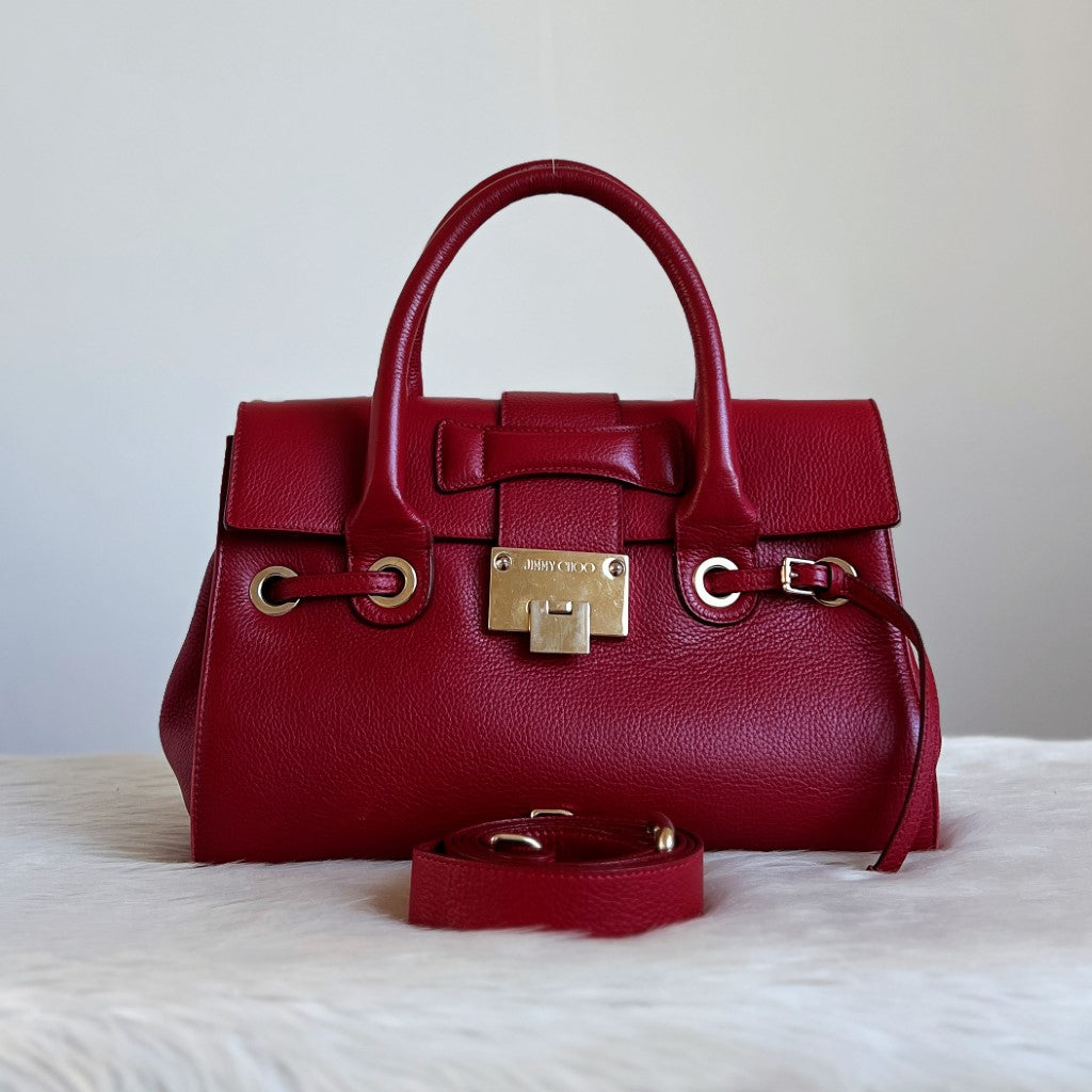 Jimmy Choo Red Leather Front Buckle 2 Way Shoulder Bag