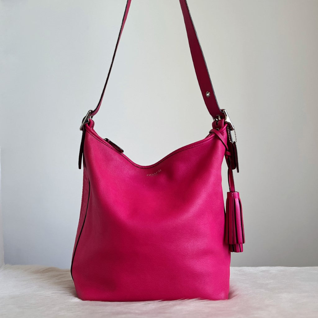 Coach Fuchsia Leather Tassel Detail Crossbody Shoulder Bag