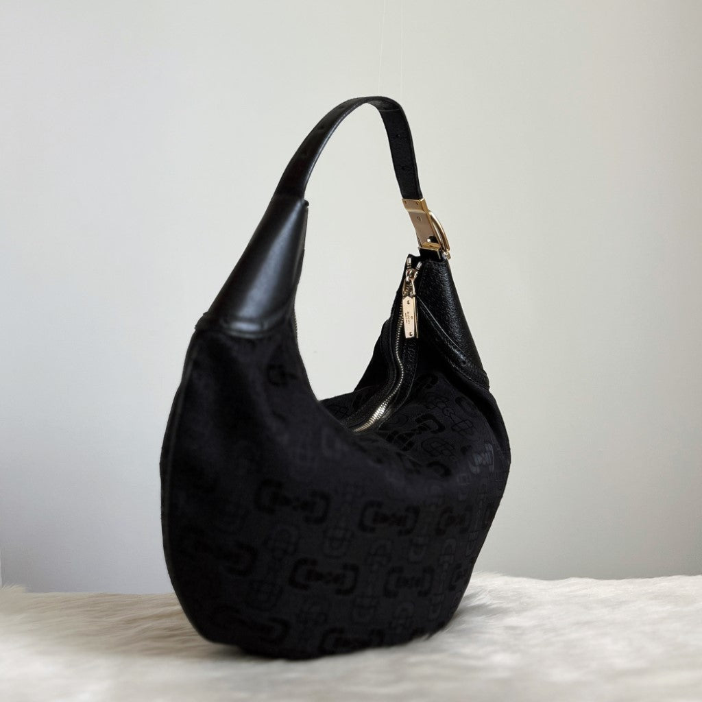 Gucci Black Signature Horsebit Print Half Moon Shoulder Bag Excellent