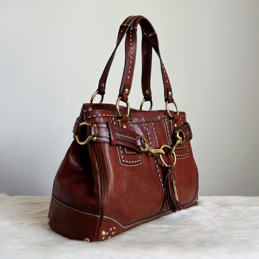 Coach Brown Leather Front Tassel Detail Career Shoulder Bag