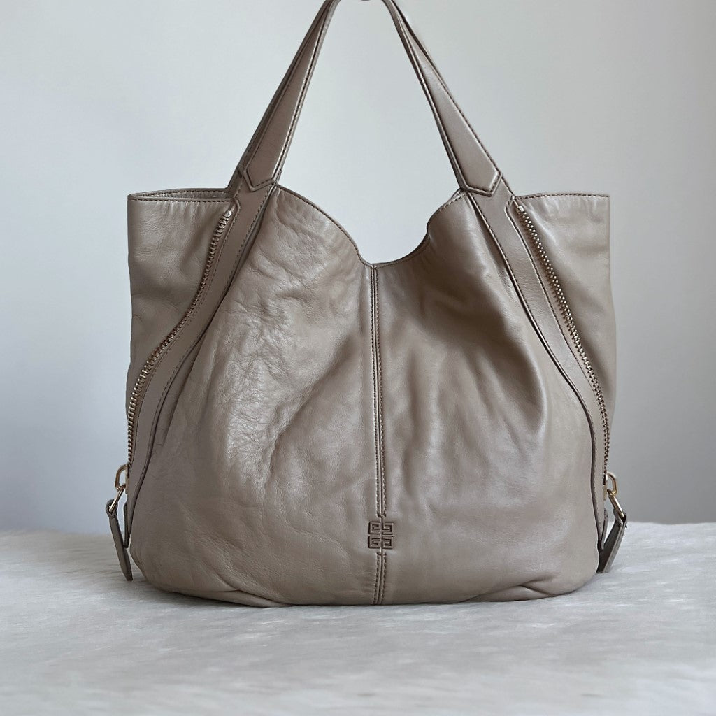 Givenchy Taupe Leather Side Zip Detail Slouchy Shoulder Bag