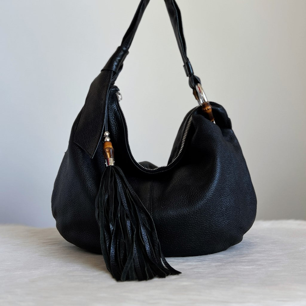 Gucci Black Leather Bamboo Tassel Detail Slouchy Shoulder Bag