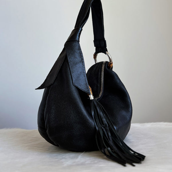 Gucci Black Leather Bamboo Tassel Detail Slouchy Shoulder Bag