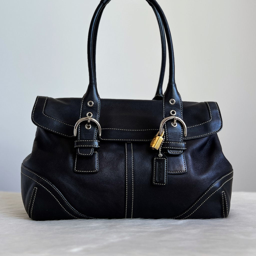 Coach Black Leather Double Buckle Flap Shoulder