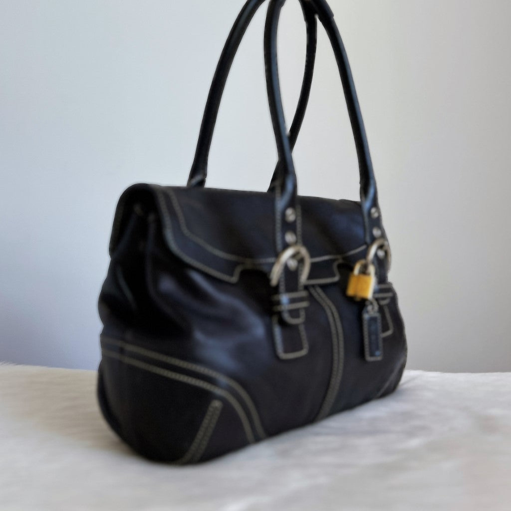 Coach Black Leather Double Buckle Flap Shoulder