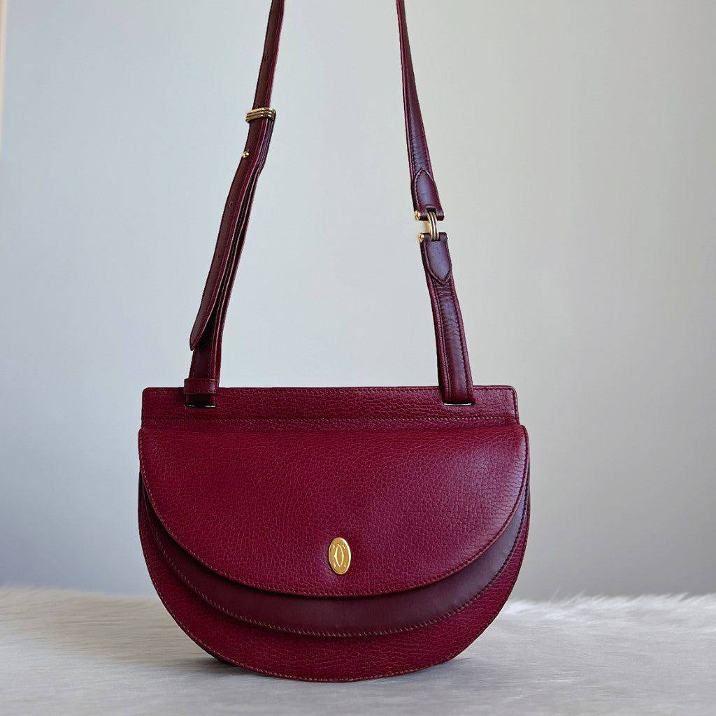 Cartier Signature Bordeaux Leather Flap Detail Crossbody Shoulder Bag