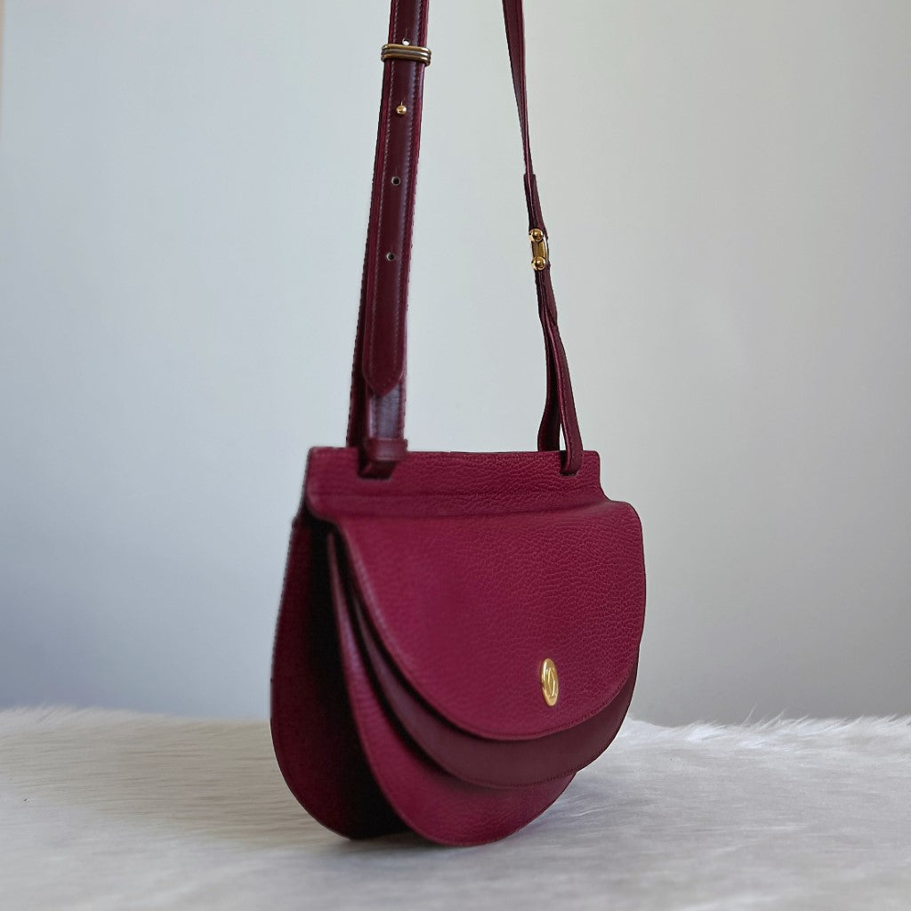 Cartier Signature Bordeaux Leather Flap Detail Crossbody Shoulder Bag