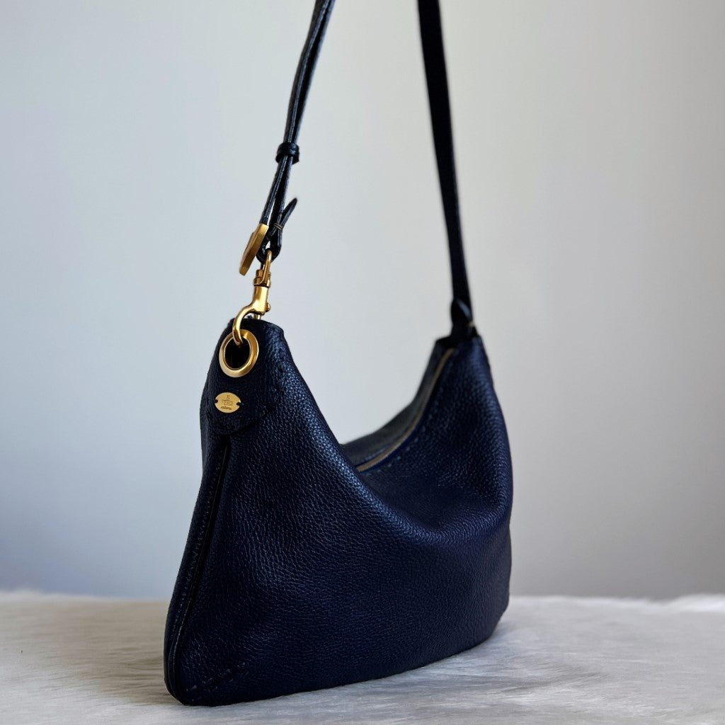 Fendi Dark Navy Leather Slouchy Crossbody Shoulder Bag