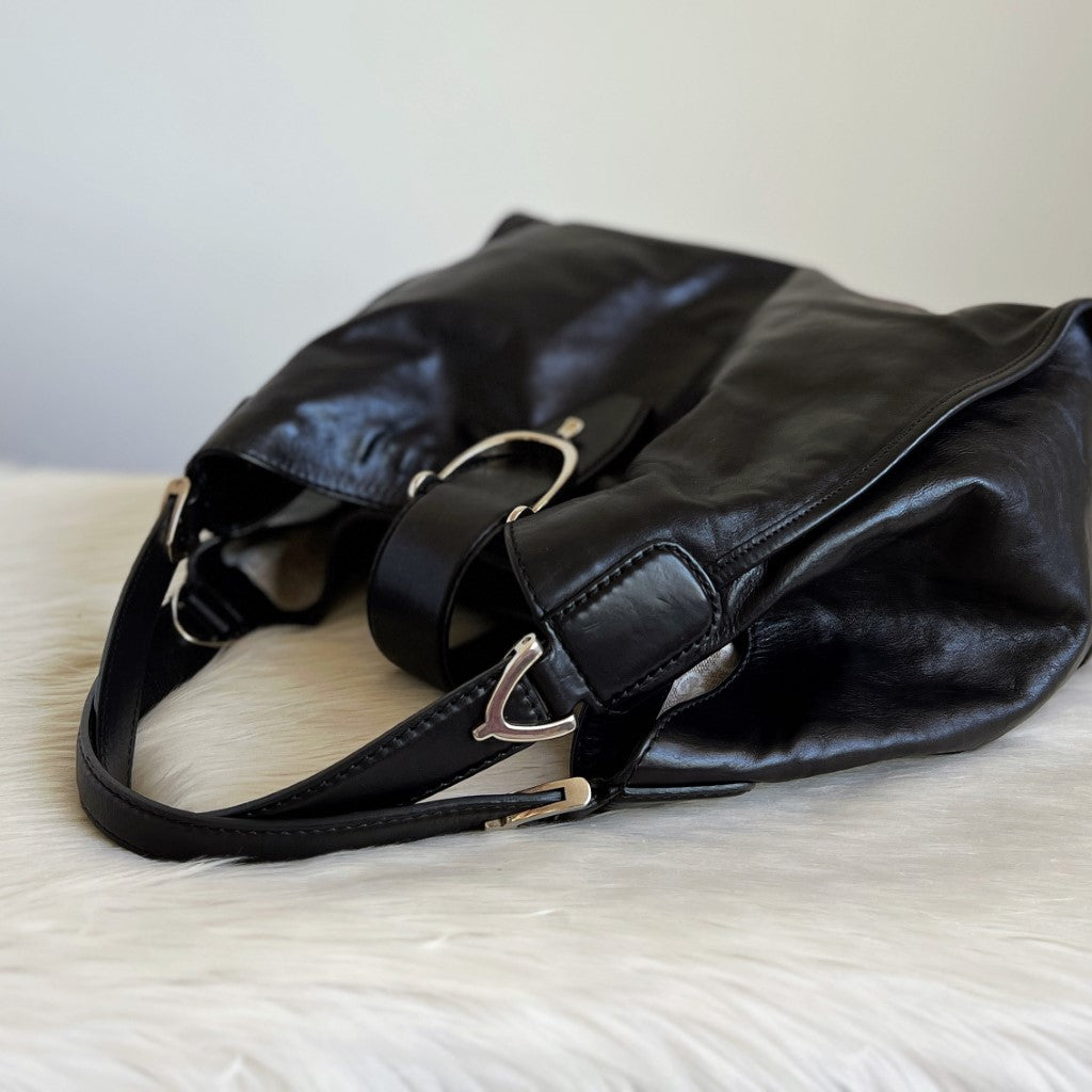 Gucci Black Leather Front Horsebit Buckle Slouchy Shoulder Bag