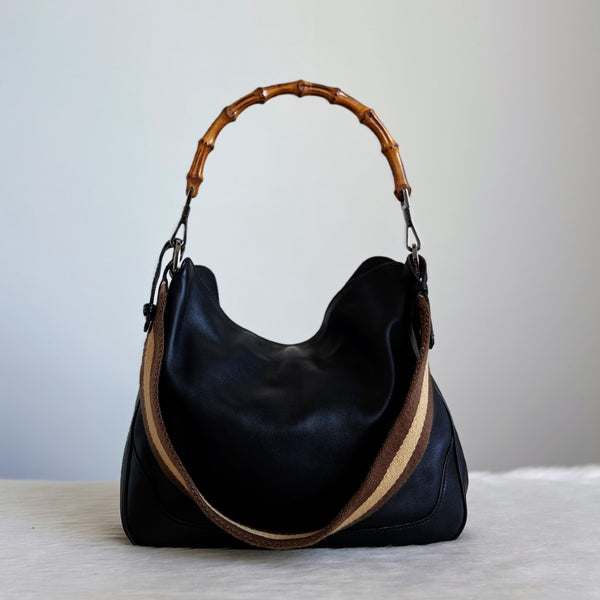 Gucci Black Leather Bamboo Handle 2 Way Shoulder Bag