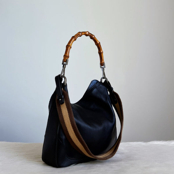 Gucci Black Leather Bamboo Handle 2 Way Shoulder Bag