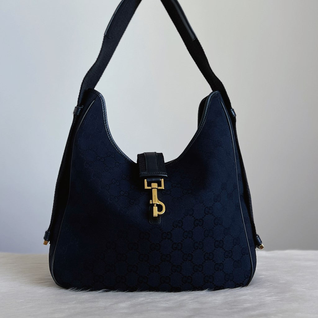 Gucci Black Double G Monogram Front Buckle Detail Shoulder Bag