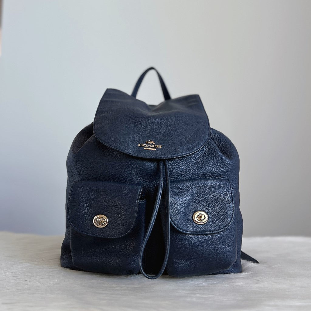 Coach Navy Leather Turn Lock Pocket Drawstring Backpack&nbsp;