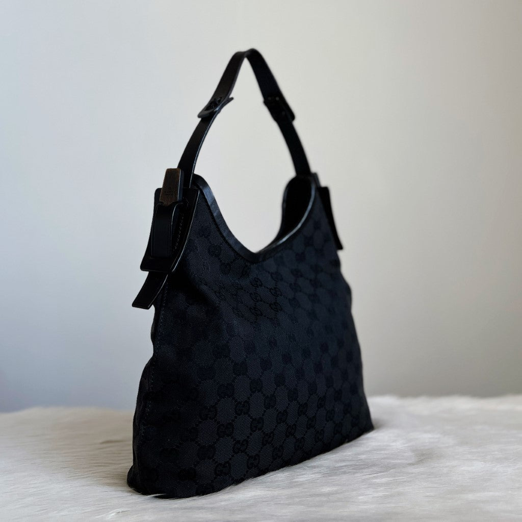 Gucci Black Double G Monogram Side Strap Detail Shoulder Bag