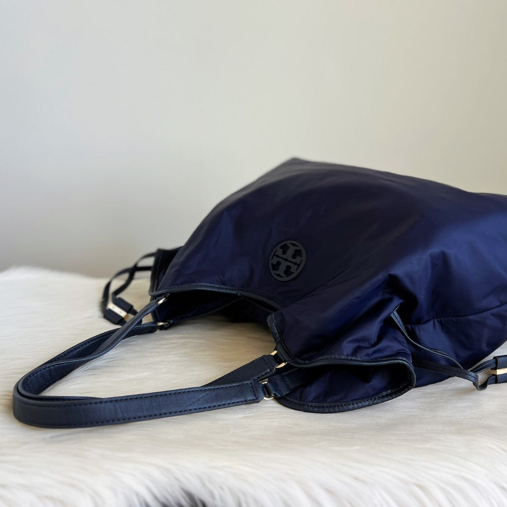 Tory Burch Navy Drawstring Front Logo Shoulder Bag