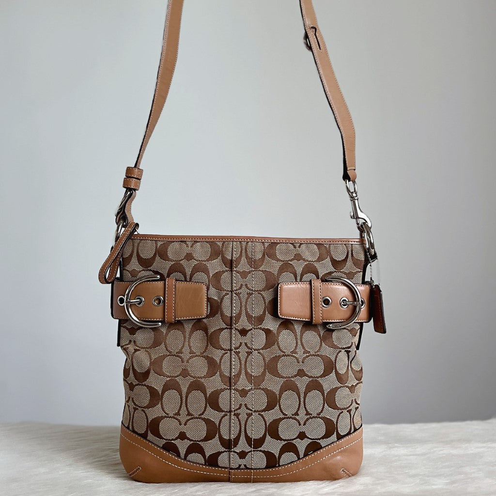 Coach Mocha Leather Monogram Buckle Detail Crossbody Shoulder Bag