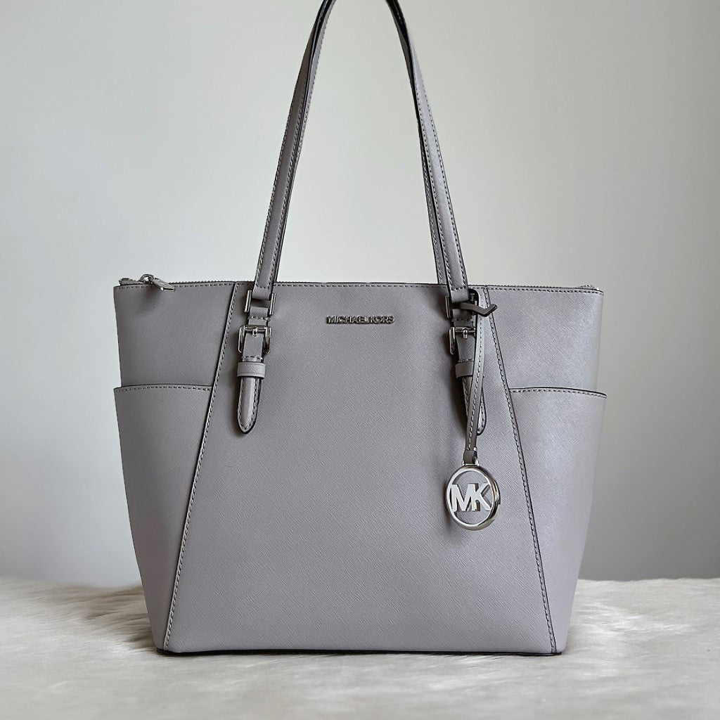 Michael Kors Grey Leather MK Charm Career Shoulder Bag