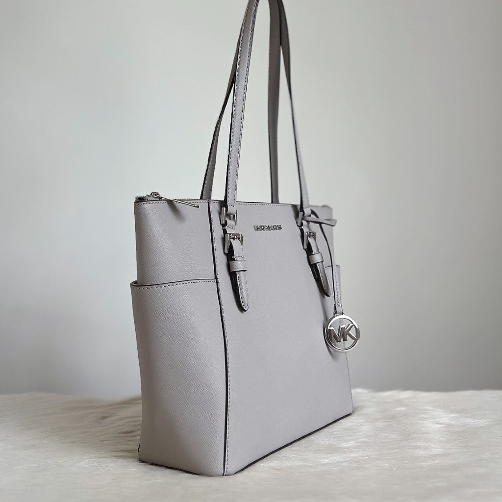 Michael Kors Grey Leather MK Charm Career Shoulder Bag