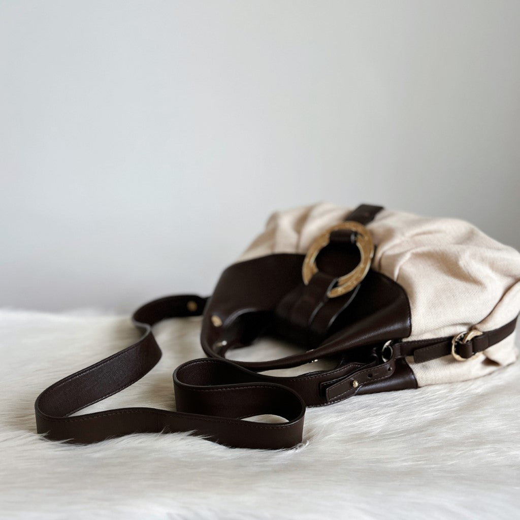Bvlgari Chocolate Leather Trim Signature Ring Detail 2 Way Shoulder Bag
