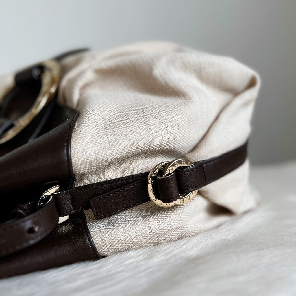 Bvlgari Chocolate Leather Trim Signature Ring Detail 2 Way Shoulder Bag