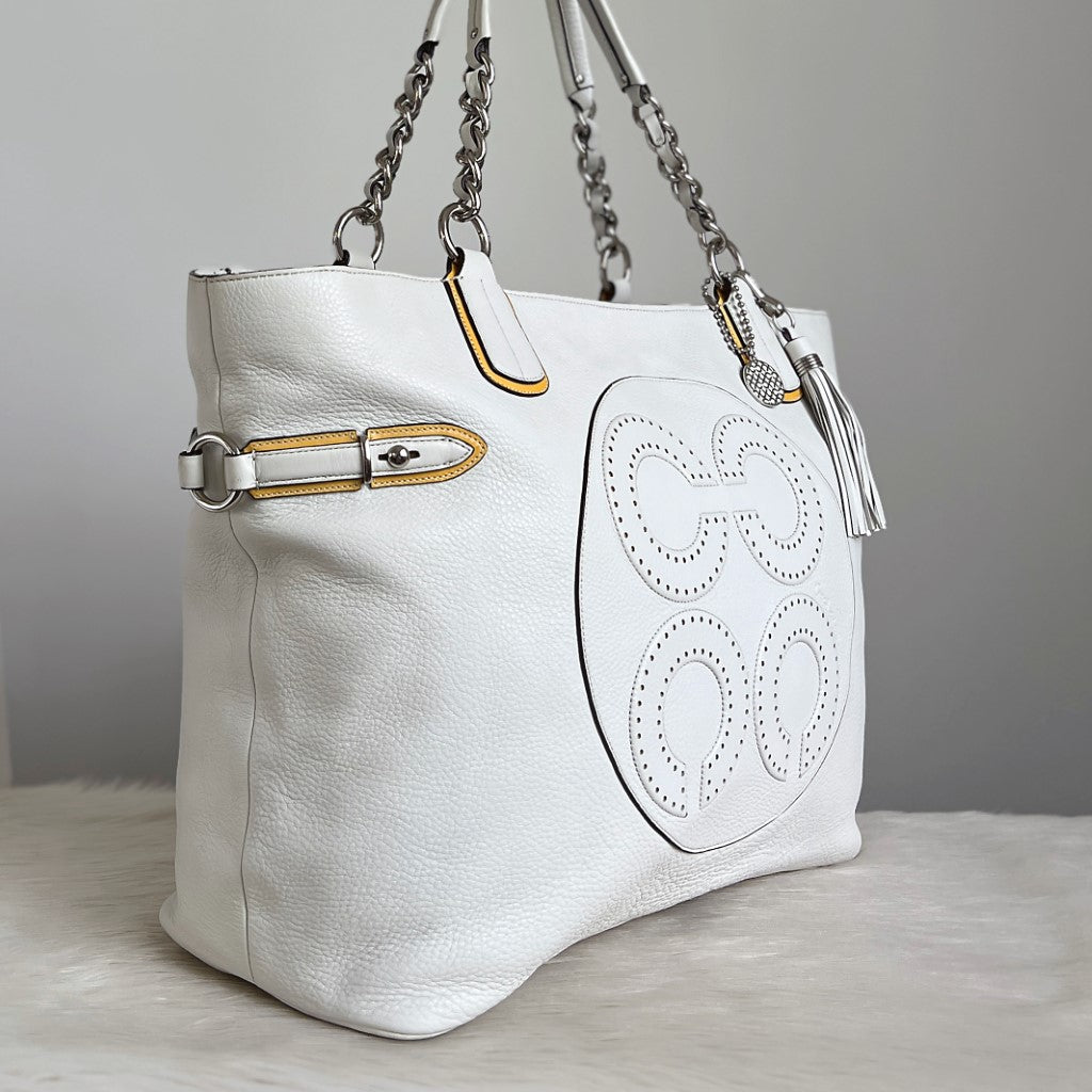 Coach White Leather Front Pattern Detail Oversized Shoulder Bag