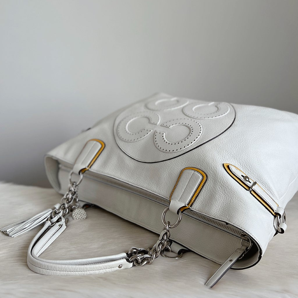 Coach White Leather Front Pattern Detail Oversized Shoulder Bag