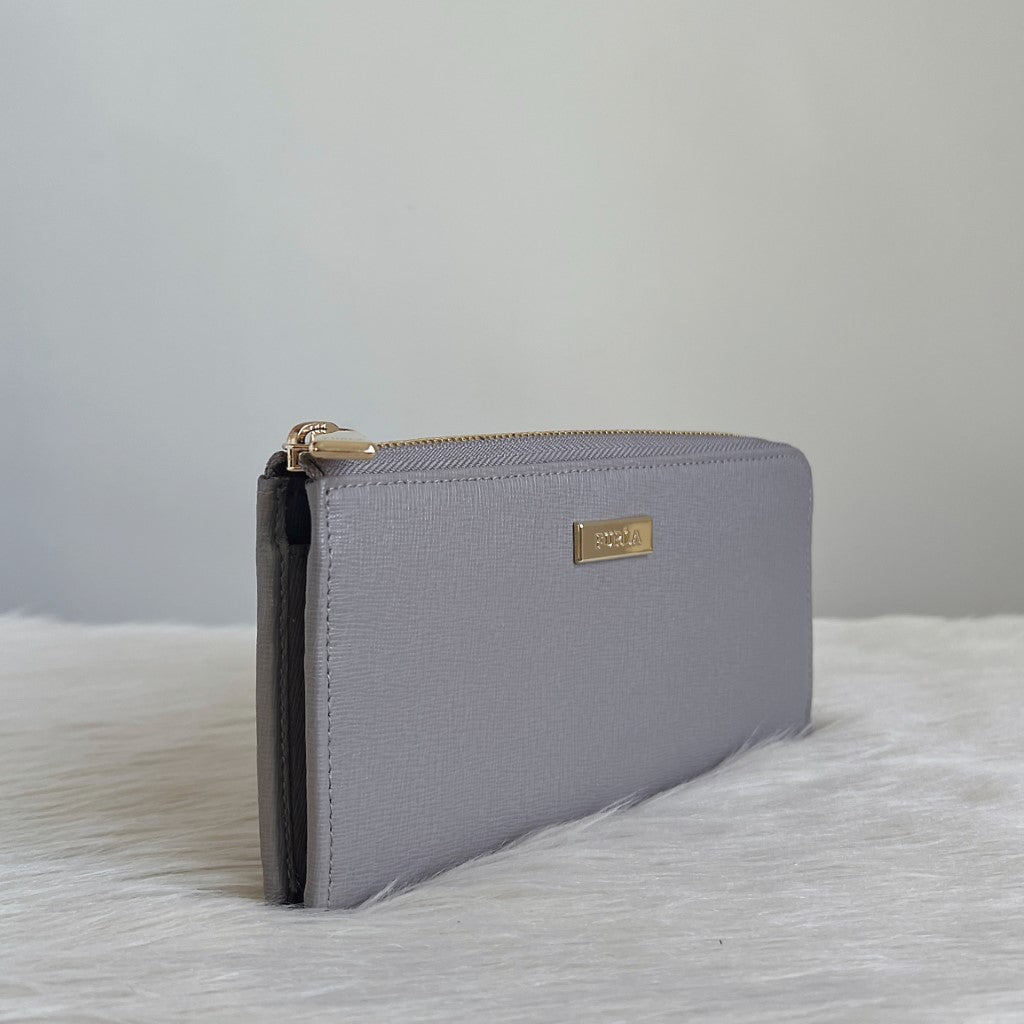 Furla Grey Leather Zip Compartment Long Wallet Excellent