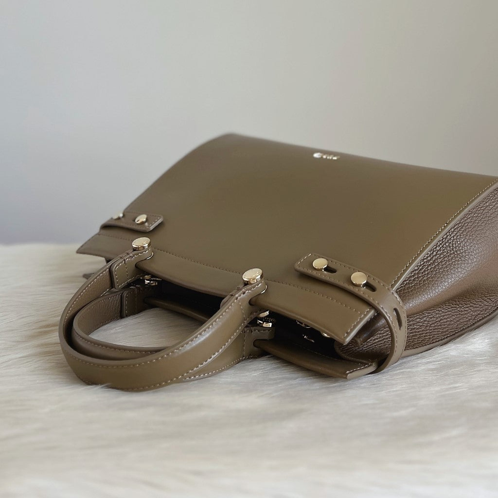 Furla Olive Leather Triple Compartment 2 Way Shoulder Bag Like New