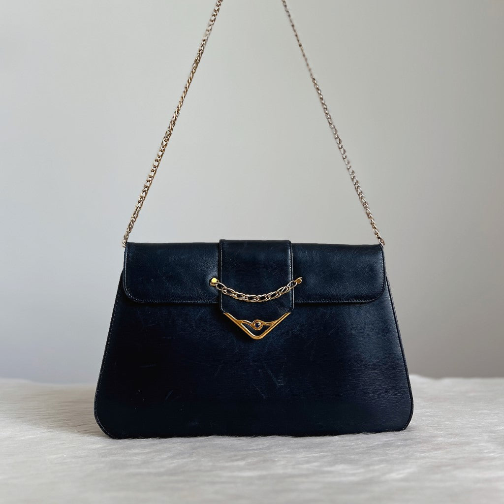 Cartier Navy Leather Front Chain Detail Small Shoulder Bag