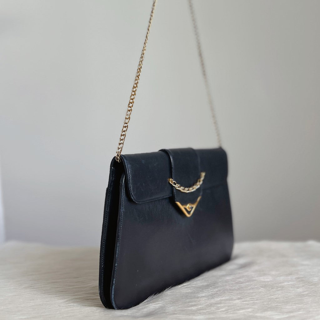 Cartier Navy Leather Front Chain Detail Small Shoulder Bag