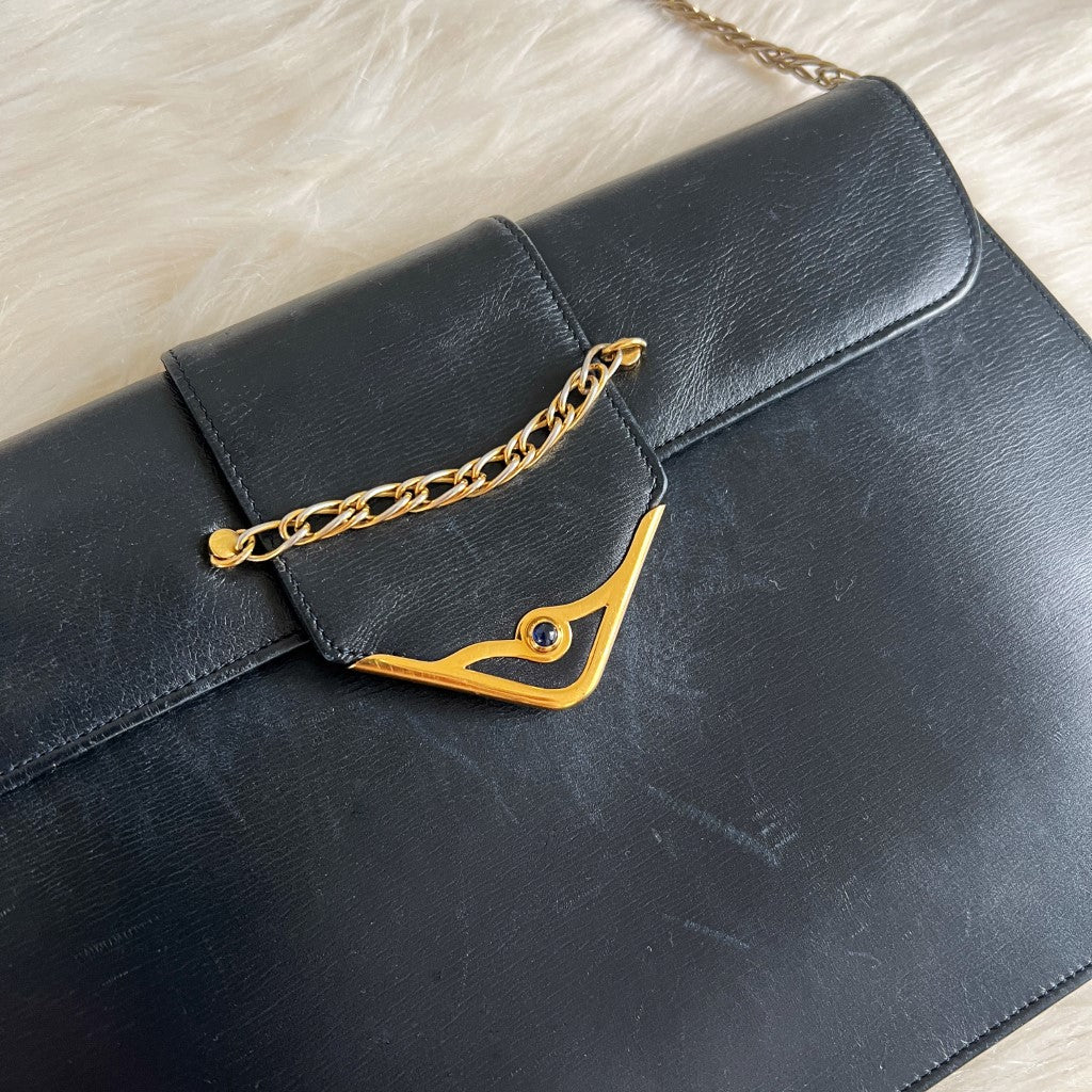 Cartier Navy Leather Front Chain Detail Small Shoulder Bag