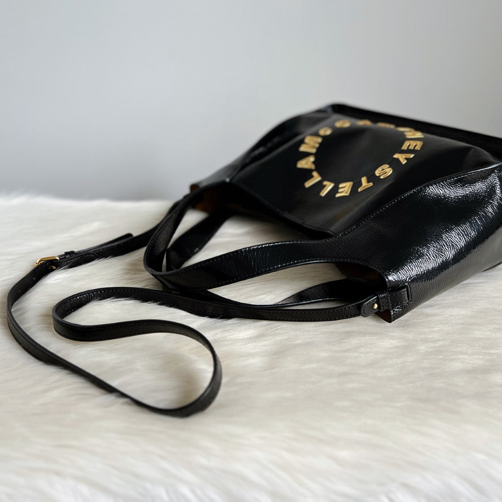 Stella McCartney Patent Black Front Logo 2 Way Shoulder Bag + Pouch