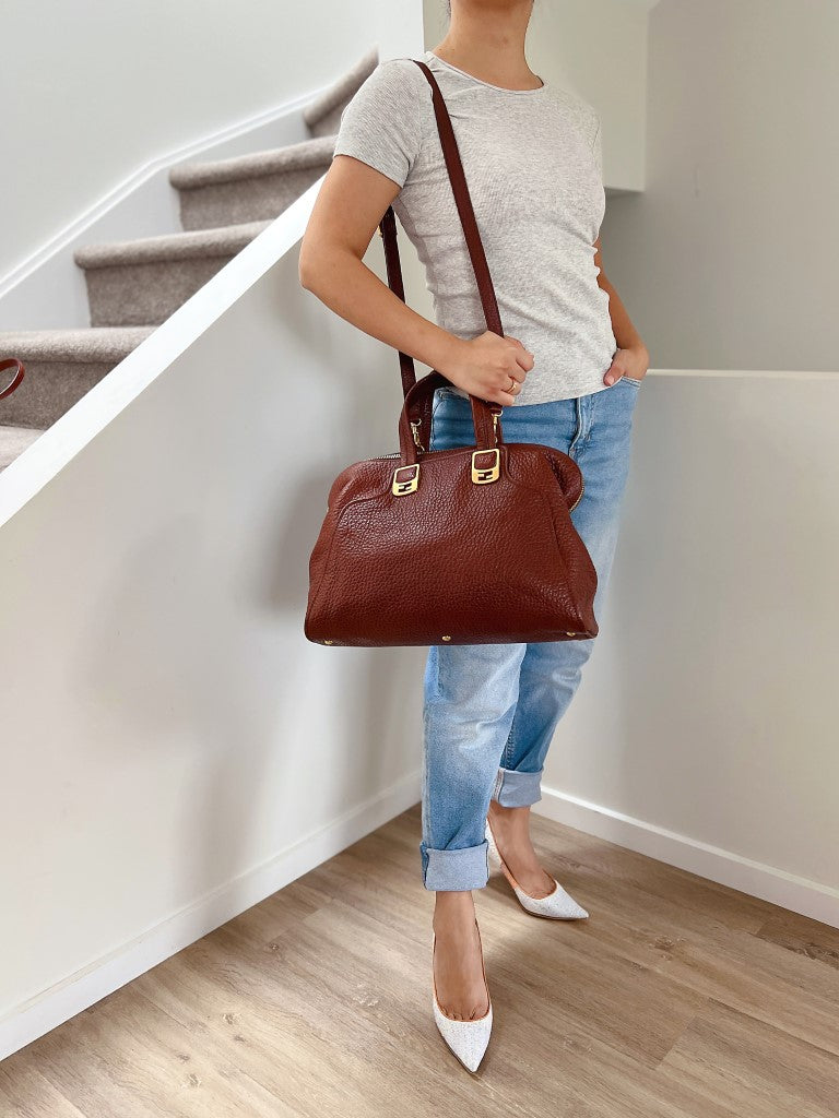 Fendi Brown Leather Triple Compartment 2 Way Shoulder Bag Excellent