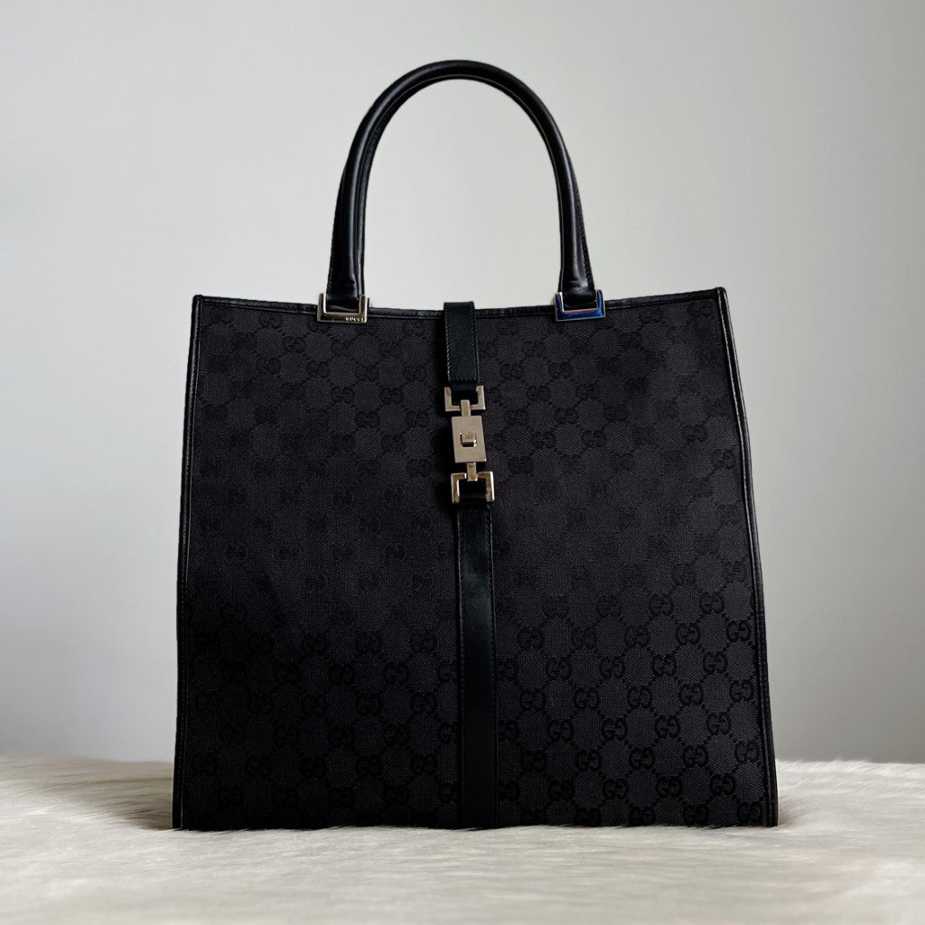 Gucci Black Leather Trim Double G Monogram Buckle Career Tote Bag