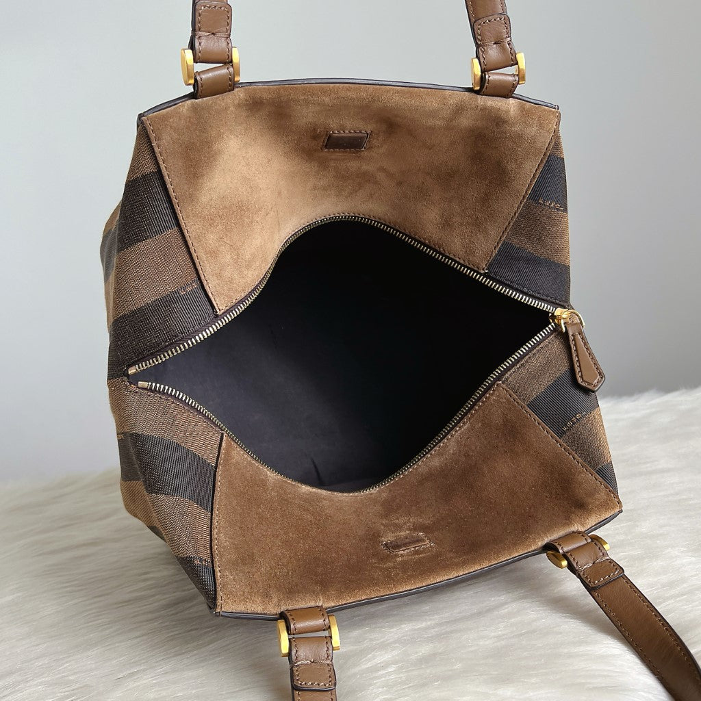 Fendi Olive Leather Signature Stripe Patchwork Tote Shoulder Bag