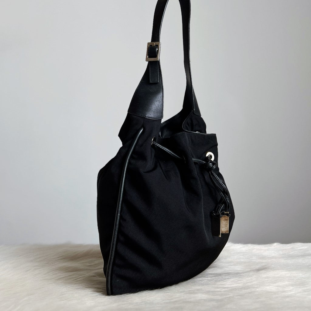 Gucci Black Canvas Drawstring Bucket Shoulder Bag