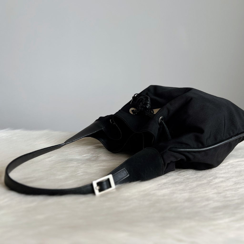 Gucci Black Canvas Drawstring Bucket Shoulder Bag