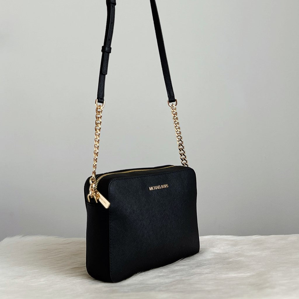 Michael Kors Black Leather Gold Chain Detail Crossbody Shoulder Bag Li