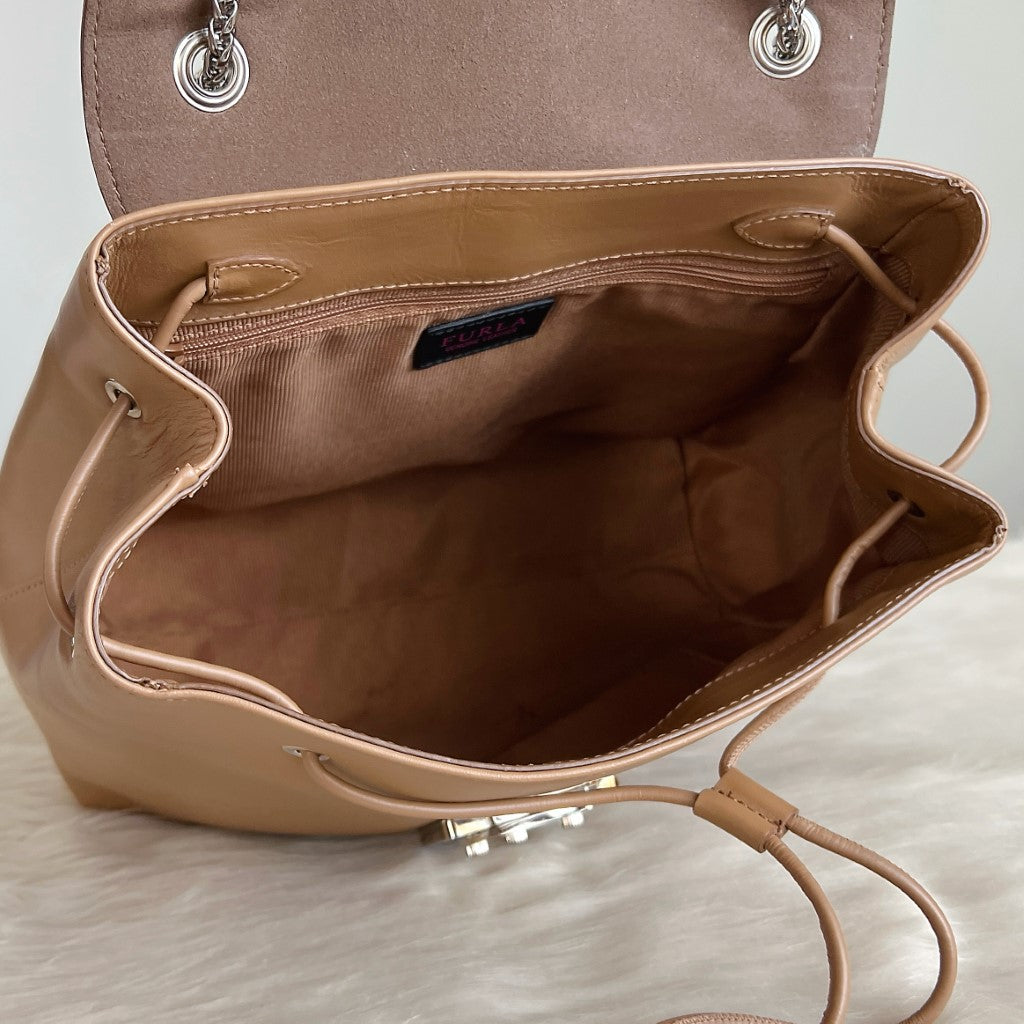 Furla Caramel Leather Front Buckle Backpack Like New