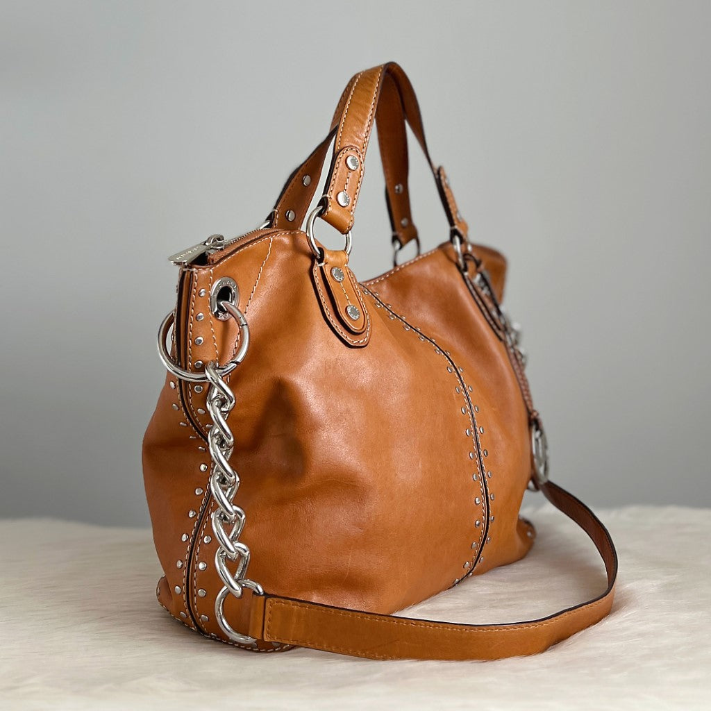 Michael Kors Caramel Leather Studded Detail 2 Way Shoulder Bag