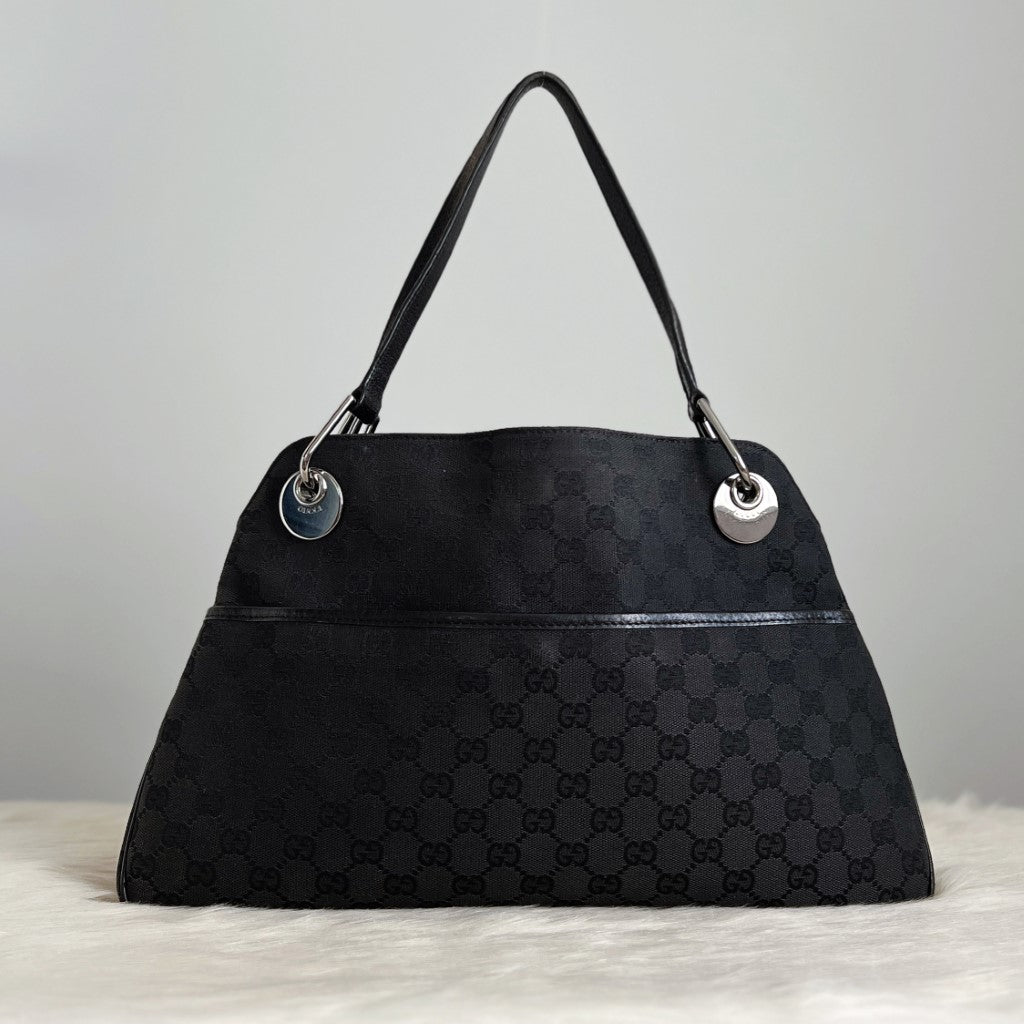 Gucci Black Leather Double G Monogram Shoulder Bag